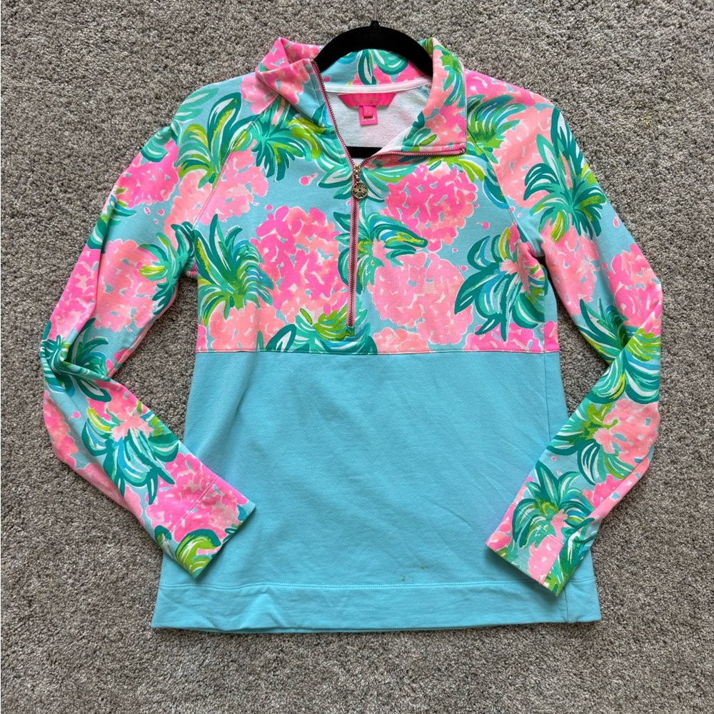 Lilly Pulitzer XS Pink & Aqua Floral 1/4 Zip Pullover